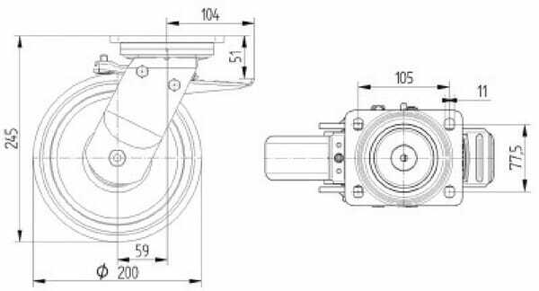 Pièces agricoles - Outils atelier - Roulette pivotante, chape et platine en acier mécano-soudé, zingué bleu