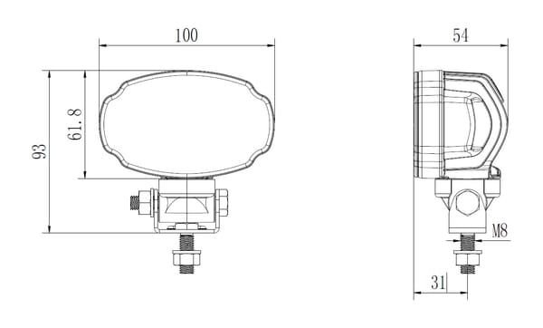 Pièces agricoles - Eclairage - Phare de travail LED, 20W, 3000lm, ovale, blanche, 100x54x93mm, Deutsch 2 broches, inondation, Kramp (boîte de 10 pièces)