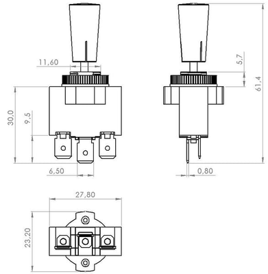 Pièces agricoles - Eclairage - Interrupteur à bascule, marche-arrêt-marche, 12-24VDC, 10A, 125-250VAC, 2A, 3 broches, bornes plates, écrou métallique, capucho