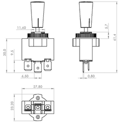 Pièces agricoles - Eclairage - Interrupteur à bascule, marche-arrêt-marche, 12-24VDC, 10A, 125-250VAC, 2A, 3 broches, bornes plates, écrou métallique, capucho