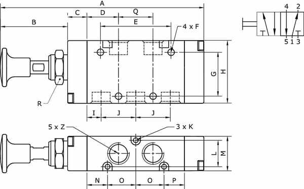 Pièces agricoles - Pièce pneumatique - Vanne 5/2, levier bouton 1/8"