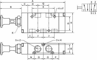 Pièces agricoles - Pièce pneumatique - Vanne 5/2, levier bouton 1/8"