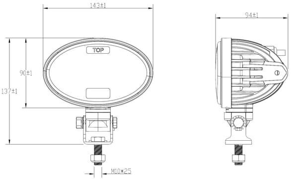 Pièces agricoles - Eclairage - Phare LED, 20/24 W, ovale, 10/30 V, 166 x 98 x 98 mm, feux de route/croisement, câble ouvert à 3 broches, montage sur support