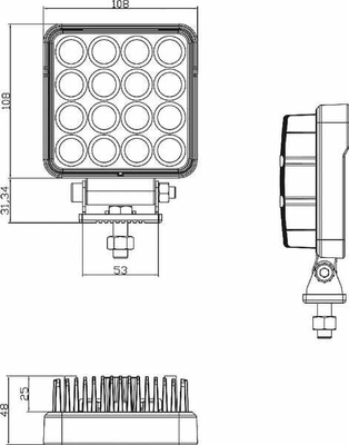 Pièces agricoles - Eclairage - Phare de travail LED 25W, 3040lm,carré 25W 2500lm, 10/30V, 108x48x108mm faisceau large 16 LED Kramp