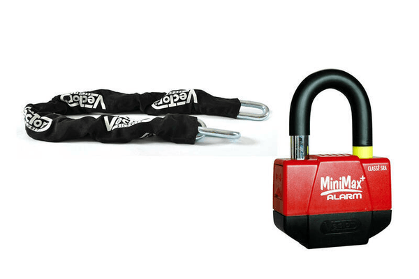 Pièces Quad & Motos - Transport - Garage - Paddock - Kit antivol VECTOR - chaîne 1.30m + cadenas/bloque-disque MiniMax Alarm+