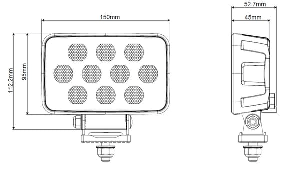 Pièces agricoles - Eclairage - Lampe de travail LED, 100W, 8950lm, rectangulaire, 12/24V, blanc, 150x112x52,7mm prise Deutsch, faisceau large, 20LED