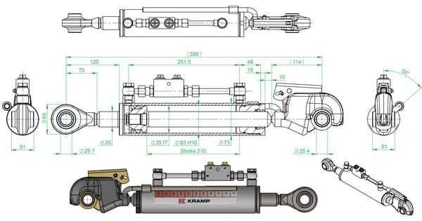 Pièces agricoles - Hydraulique - Barre de poussée cat 2/2 avec valve, crochet embout de tige allongé