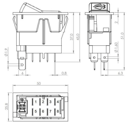 Pièces agricoles - Eclairage - Interrupteur à bascule, I-0-(II), on-on-mom, 12V, 8 broches, lave-glace d'essuie-glace