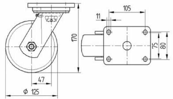 Pièces agricoles - Outils atelier - Roulette pivotante, chape et platine en acier mécano-soudé, zingué bleu
