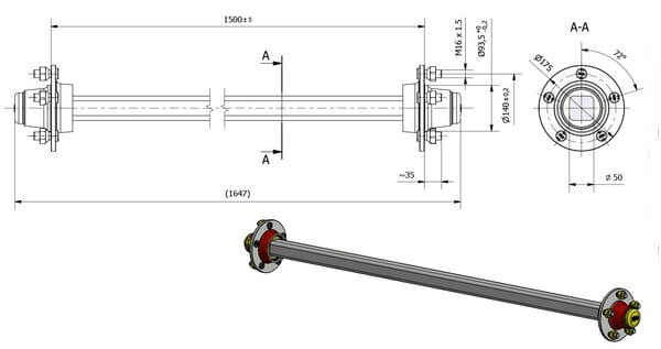 Pièces agricoles - Pièce divers - Essieu non freiné 50x1500mm (93.5/140/5)