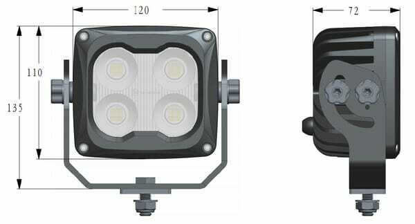 Pièces agricoles - Eclairage - Phare de travail LED, 70W, 6000lm, carrée, 10/45V, blanche, 120x110x72mm, dégivrage par capteur T°,faisceau large, 4 LED's, Kra