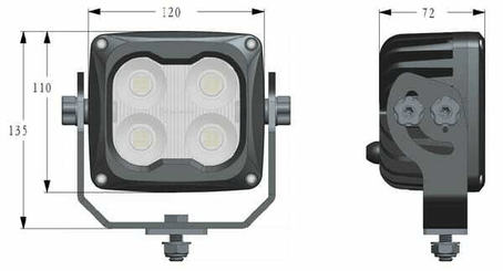 Pièces agricoles - Eclairage - Phare de travail LED, 70W, 6000lm, carrée, 10/45V, blanche, 120x110x72mm, dégivrage par capteur T°,faisceau large, 4 LED's, Kra