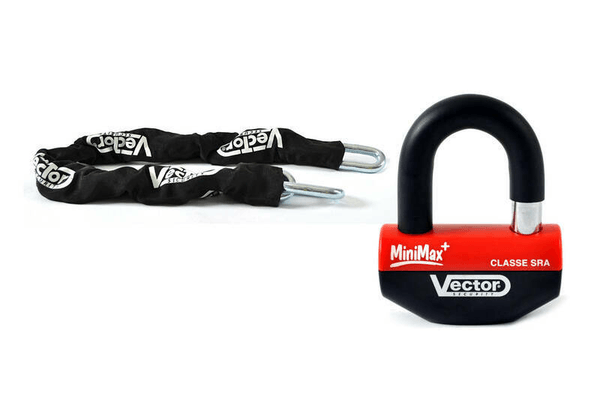 Pièces Quad & Motos - Transport - Garage - Paddock - Kit antivol VECTOR - chaîne 1,10m + cadenas/bloque-disque MiniMax+