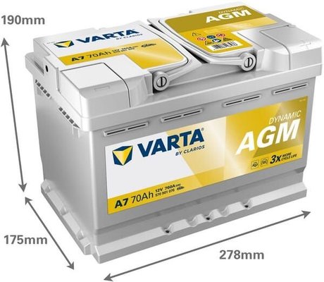 Pièces agricoles - Eclairage - Battery 12V 70Ah 760A A7 VARTA Dynamic AGM