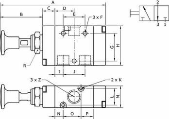 Pièces agricoles - Pièce pneumatique - Vanne 3/2, levier bouton 1/4"