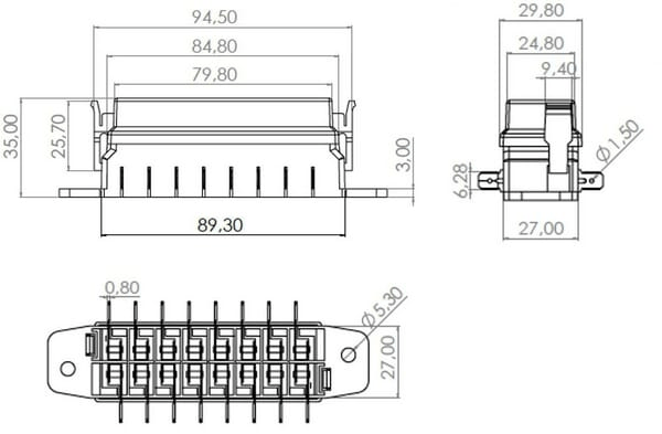 Pièces agricoles - Eclairage - Boîte à fusibles Borne plate à 8 broches, max. 32V 15A (ATO/ATC), 16x6,3mm