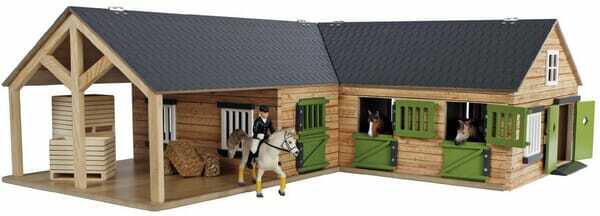 Loisirs - Jouets - Étable à chevaux en angle avec 3 box et stockage 68x77x27cm 1:24