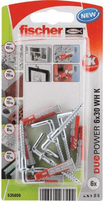 Pièces agricoles - Fasteners - Chevilles tous matériaux DuoPower 6x30 avec crochet droit / Blister de 6