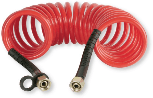 Automobile - Consommables et accessoires auto. - Flexible spiralé rouge pneumatique polyamide filetage femelle 18x150 longueur 4m étirement max 6,3m 20 spires de diamètre 110mm