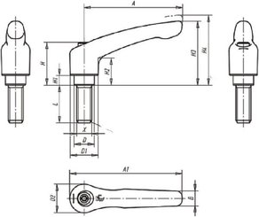 Pièces agricoles - Fasteners - Levier de serrage GR2 M8x60 inclinable noir