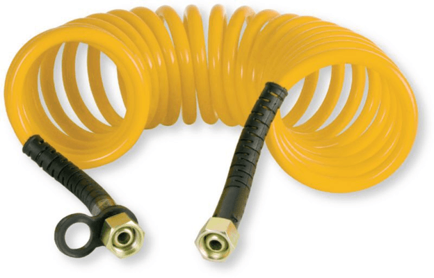 Automobile - Consommables et accessoires auto. - Flexible spiralé jaune pneumatique polyamide filetage femelle 18x150 longueur 4m étirement max 6,3m 20 spires de diamètre 110mm