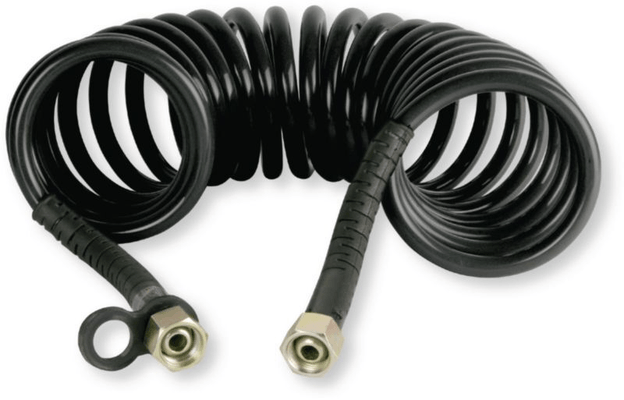 Automobile - Consommables et accessoires auto. - Flexible spiralé noir pneumatique polyamide filetage femelle 18x150 longueur 4m étirement max 6,3m 20 spires de diamètre 110mm (