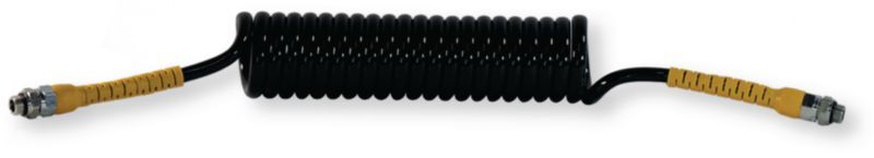 Automobile - Consommables et accessoires auto. - Flexible spiralé noir et jaune pneumatique polyuréthane avec adaptateurs 16x150 longueur 4m étirement max 4,8m 21 spires de diam