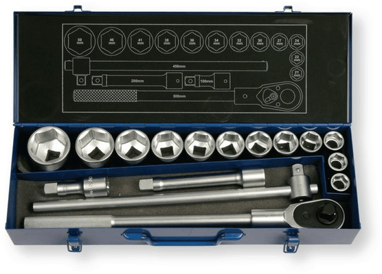 Outils - Outils divers - Coffret douilles Berner 3/4" 12 douilles 6 pans (diamètre 21- 22 - 24 - 27 - 30 - 32 - 34 - 36 - 38 - 41 - 46 - 50) 2 rallonges