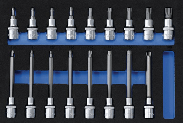 Outils - Outils divers - Mousse pleine 17 douilles 1/2" TX courtes longueur 55 mm (dimension : T 20 - 25 - 27 - 30 - 40 -45 - 50 - 55 -60) et longues lon
