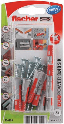 Pièces agricoles - Fasteners - Chevilles tous matériaux DuoPower 8x40 avec vis / Blister de 8