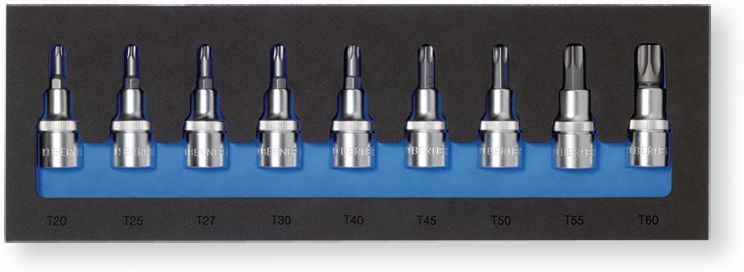 Outils - Outils divers - Coffret plastique 9 pièces douilles TX 1/2" longueur 55 mm dimension T 20 - 25 - 27 - 30 - 40 - 45 - 50 - 55 - 60. (par 1)