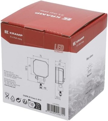 Pièces agricoles - Eclairage - Phare de travail LED, 20W, 3000lm, carrée, blanche, 75x47x107,5mm, Deutsch 2 broches, inondation, Kramp (boîte de 10 pièces)