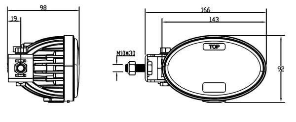 Pièces agricoles - Eclairage - Phare LED, 20/24 W, ovale, 10/30 V, 166 x 98 x 98 mm, feux de route/croisement, câble ouvert à 3 broches, montage sur support