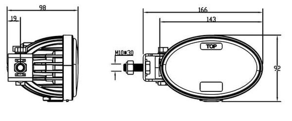 Pièces agricoles - Eclairage - Phare LED, 20/24 W, ovale, 10/30 V, 166 x 98 x 98 mm, feux de route/croisement, câble ouvert à 3 broches, montage sur support