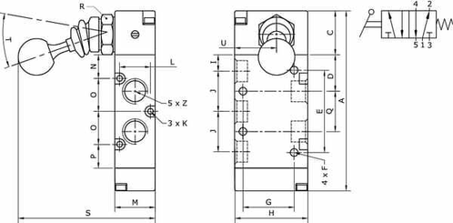 Pièces agricoles - Pièce pneumatique - Vanne 5/2, levier bouton 1/4"