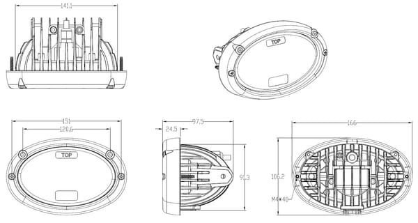 Pièces agricoles - Eclairage - Phare LED, 20/24 W, ovale, 10/30 V, 166 x 106,2 x 97,5 mm, feux de route/croisement, câble ouvert à 3 broches, montage encastré