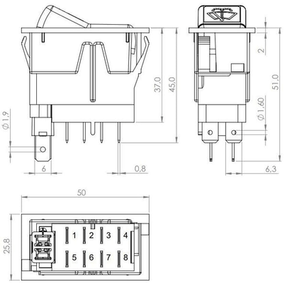 Pièces agricoles - Eclairage - Interrupteur à bascule, I-0-(II), on-on-mom, 12V, 8 broches, lave-glace d'essuie-glace