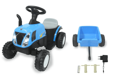 Loisirs - Jouets - Tracteur à enfourcher New Holland avec remorque bleu 6V