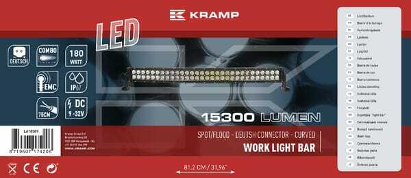 Pièces agricoles - Eclairage - Barre lumineuse de travail LED, 180W, 15300lm, rectangulaire, 12/24V, blanche, 802x57mm prise Deutsch, Combo, 60 LED, Kramp