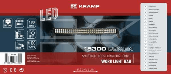 Pièces agricoles - Eclairage - Barre lumineuse de travail LED, 180W, 15300lm, rectangulaire, 12/24V, blanche, 802x57mm prise Deutsch, Combo, 60 LED, Kramp