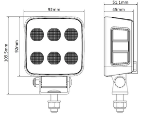 Pièces agricoles - Eclairage - Lampe de travail LED, 60W, 6600lm, carrée, 12/24V, blanche, 92x109,5x51,1mm prise Deutsch, faisceau large, 12LED