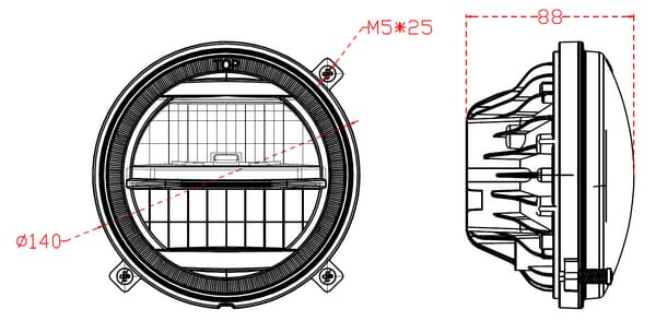 Pièces agricoles - Eclairage - Phares LED, 22/21 W, ronds, 9-36 V, Ø140 mm, feux de route/feux de croisement, connecteur H4, paire, Kramp