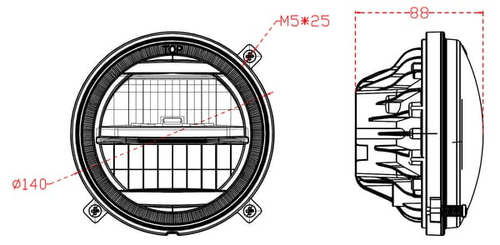 Pièces agricoles - Eclairage - Phares LED, 22/21 W, ronds, 9-36 V, Ø140 mm, feux de route/feux de croisement, connecteur H4, paire, Kramp