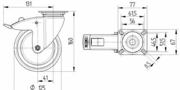 Pièces agricoles - Outils atelier - Roue pivotante, roue en polyuréthane : Ø125x32mm, with brake, Acier inoxydable Fixation de plaque: 77x67mm Load: 100kg, Tente
