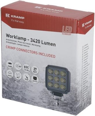 Pièces agricoles - Eclairage - Phare de travail LED, 27W, 3420lm, carrée, blanche, 96,5x48,5x124,5mm, Deutsch 2 broches, inondation, Kramp (boîte de 10 pièces