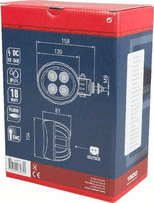 Pièces agricoles - Eclairage - Phare de travail LED rond 18W 1500lm, 10/30V, Ø 117mm faisceau large prise Deutch 6 LED Kramp