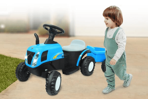 Loisirs - Jouets - Tracteur à enfourcher New Holland avec remorque bleu 6V