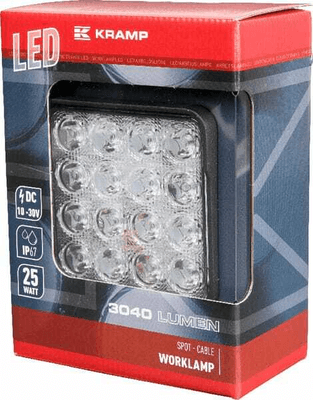 Pièces agricoles - Eclairage - Phare de travail LED 25W, 3040lm,carré 25W 2500lm, 10/30V, 108x48x108mm très longue portée 16 LED Kramp