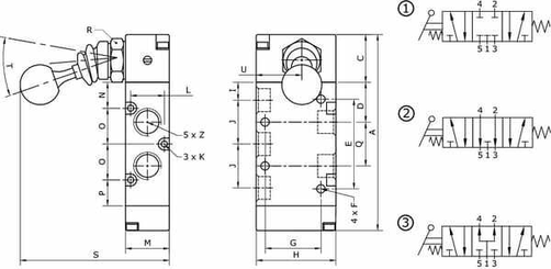 Pièces agricoles - Pièce pneumatique - Vanne 5/3, levier bouton 1/4"