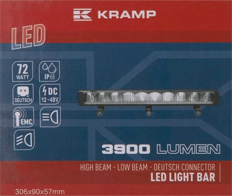 Pièces agricoles - Eclairage - Barre lumineuse LED, 72W, 3900lm, rectangulaire, 12/48V, blanc, 306x90x57mm, prise Deutsch 3 poles, feu de route/feu de croisem
